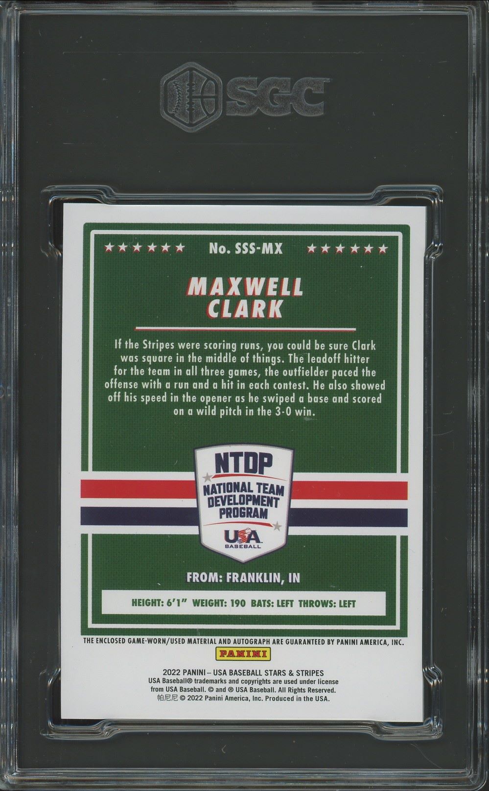 2022 USA Stars and Stripes Maxwell Clark Patch Auto #/399 #SSS-MX SGC Auto 10/9