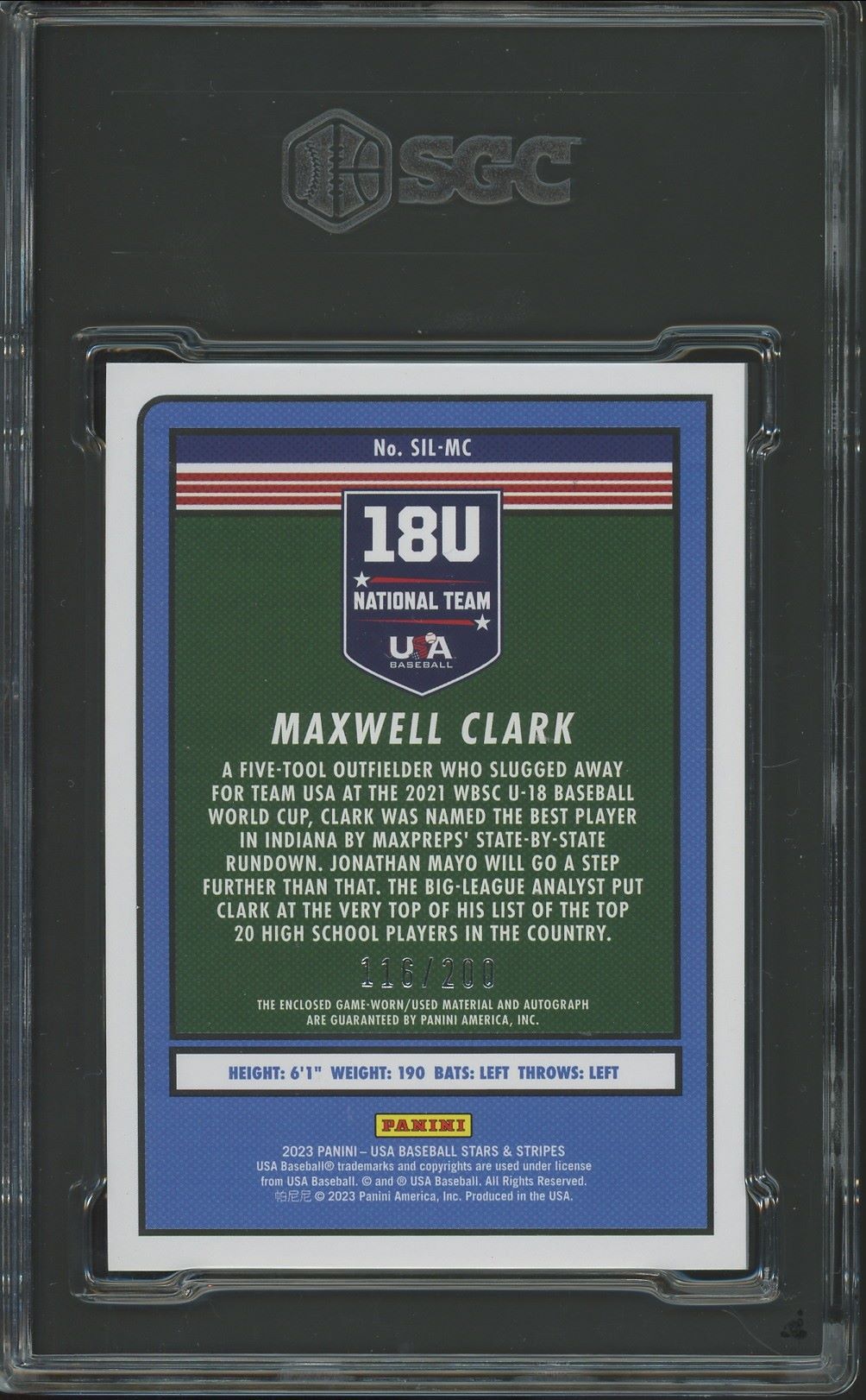 2023 USA Stars & Stripes Maxwell Max Clark Jumbo Patch Auto #/200 #SIL-MC SGC 9.