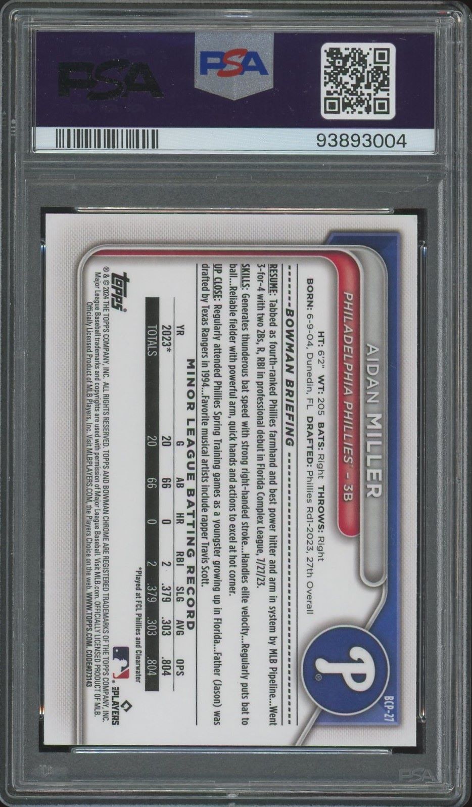 2024 Bowman Chrome Aidan Miller 1st Bowman #BCP-27 PSA 10