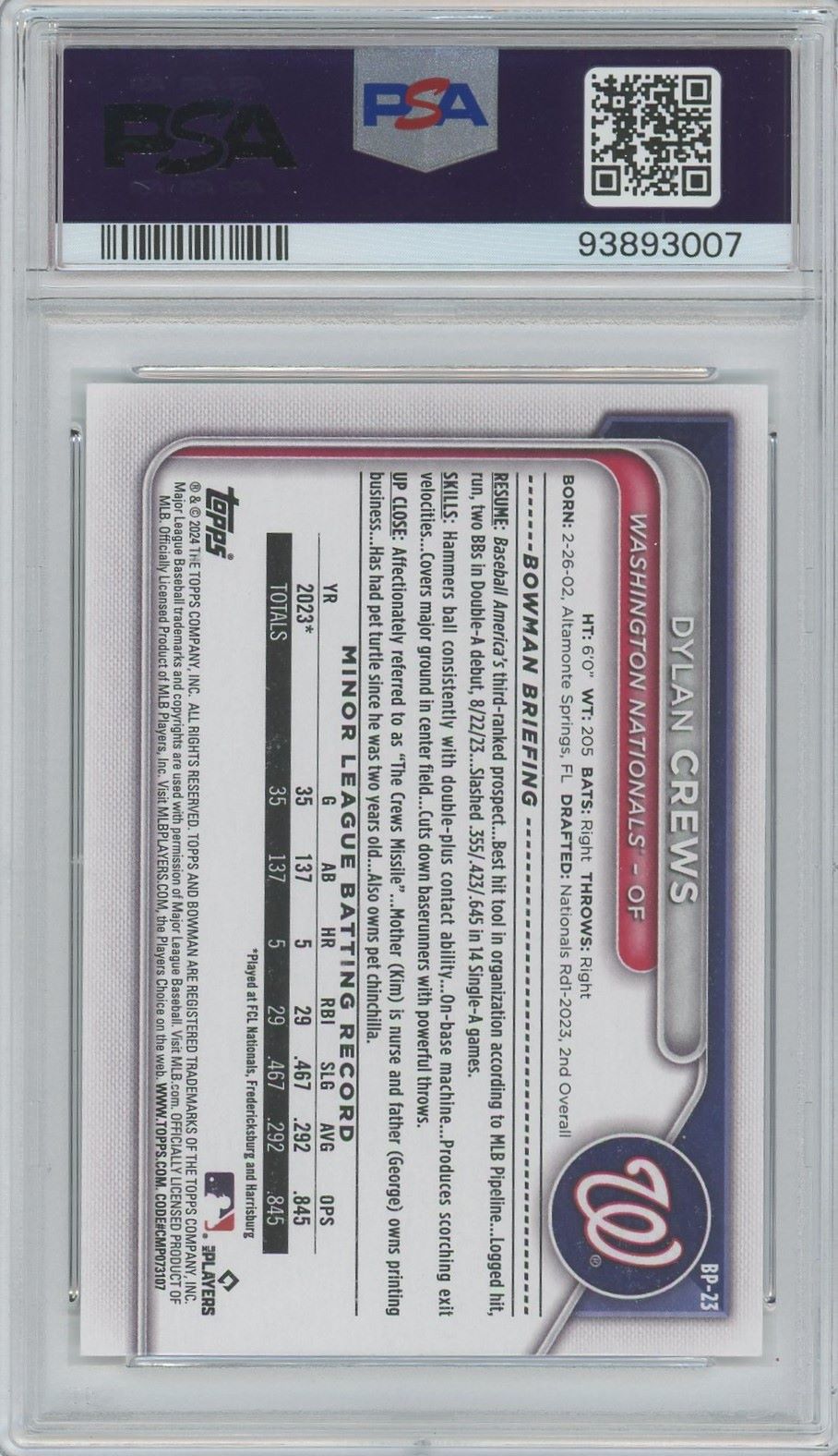 2024 Bowman Dylan Crews 1st Bowman Paper Prospects #BP-23 PSA 10