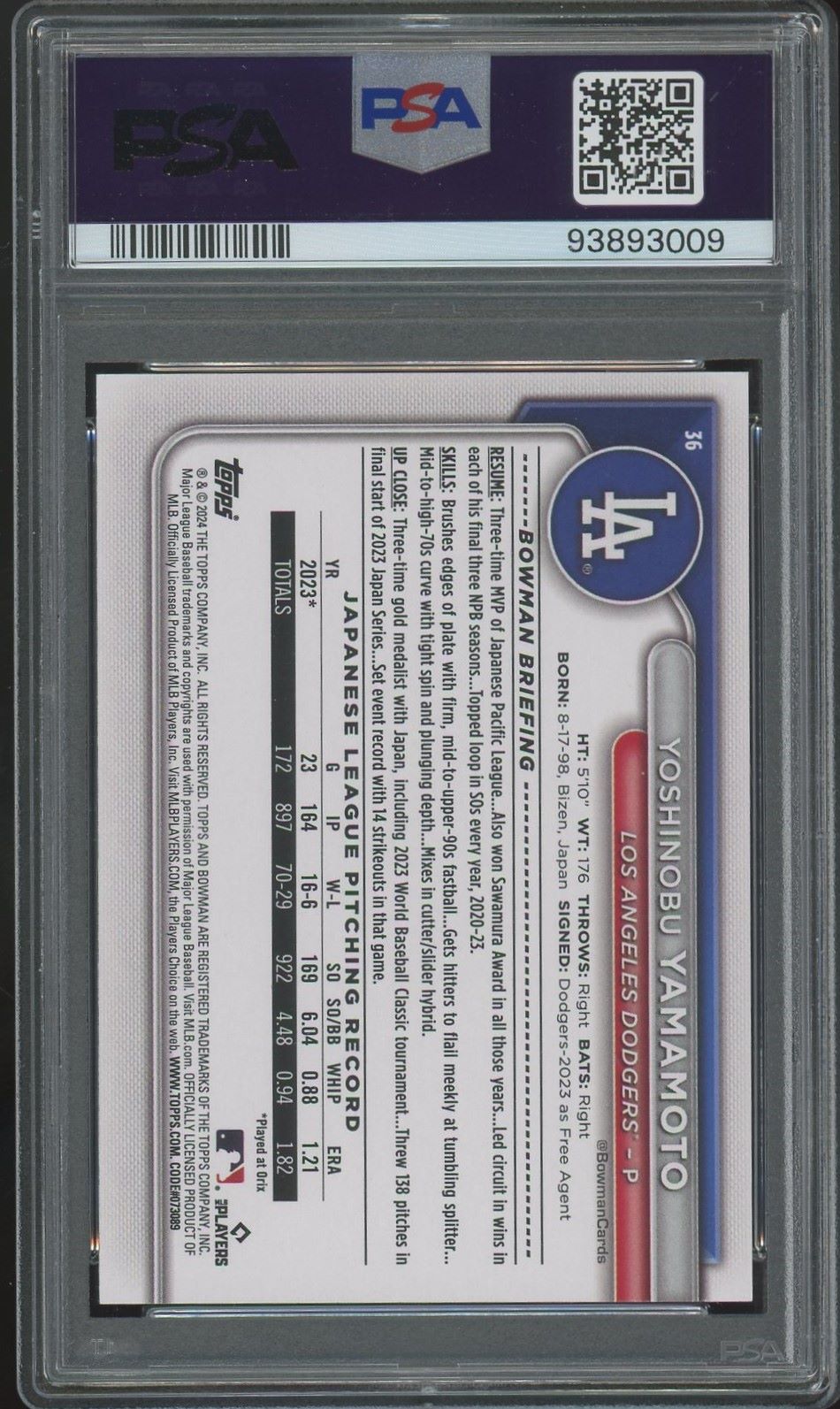 2024 Bowman Yoshinobu Yamamoto Rookie #36 PSA 10