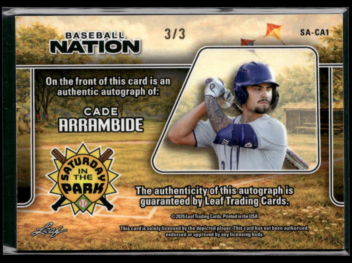 2026 Leaf Baseball Nation Cade Arrambide Sat in the Park Auto Crystal Red #3/3