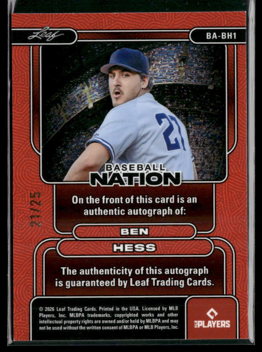2026 Leaf Baseball Nation Ben Hess Auto Silver #/25 #BA-BH1