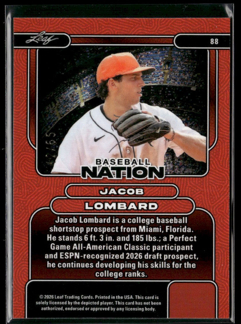 2026 Leaf Baseball Nation #88 Jacob Lombard Base Crystal Silver #/65
