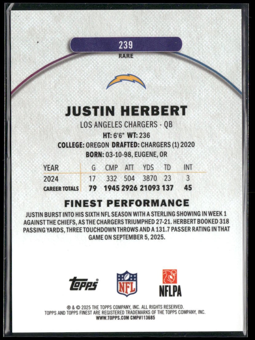 2025 Topps Finest Justin Herbert Sky Blue #/150 #239