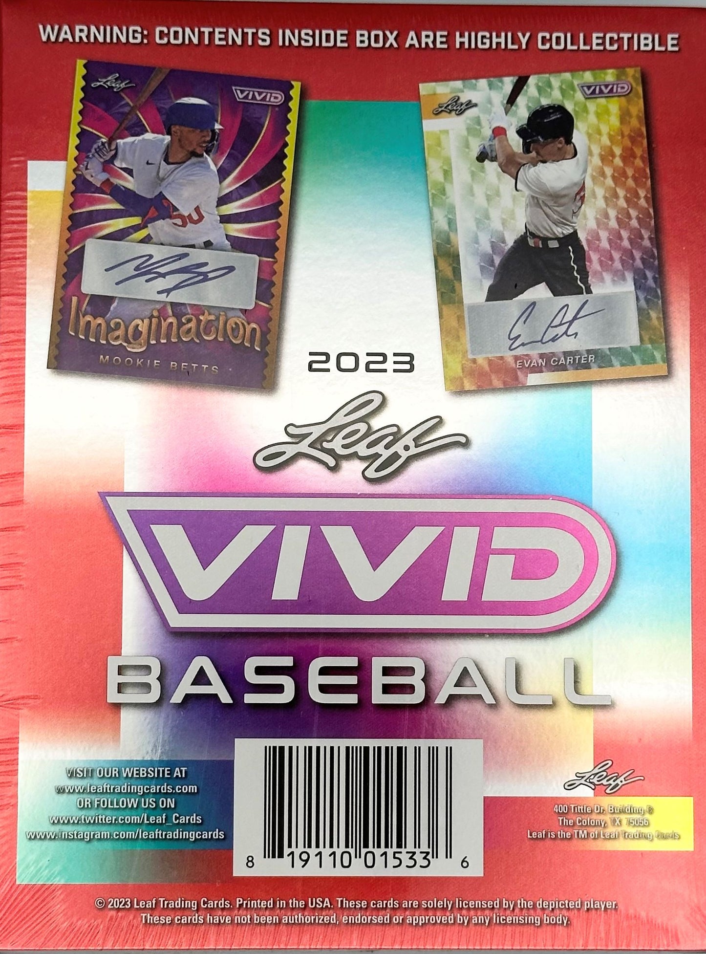 2023 Leaf Vivid Baseball Hobby Box-5 Autos per box