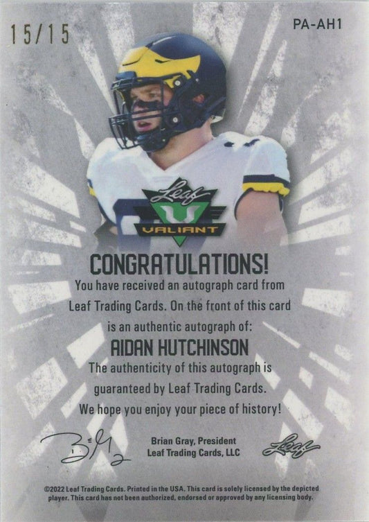 Aidan Hutchinson 2022 Leaf Valiant Football Purple Auto #15/15 #PA-AH1