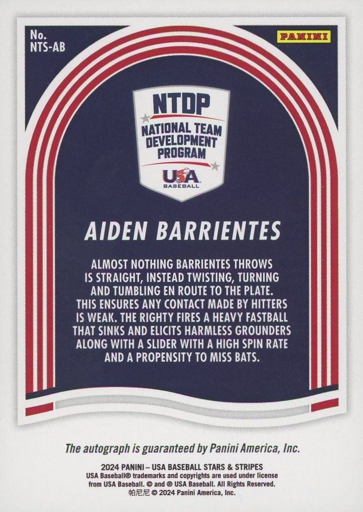 2024 Panini USA Stars & Stripes Aiden Barrientes Auto #NTS-AB