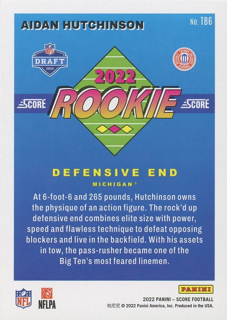 2022 Score Aiden Hutchinson Rookie #TB6