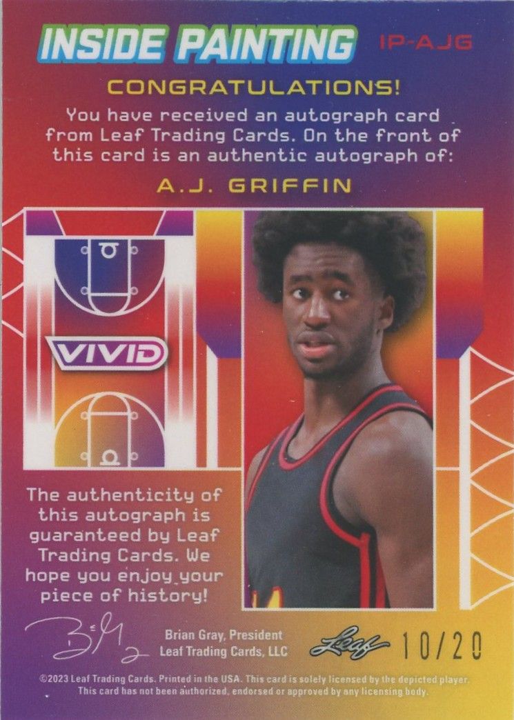 AJ Griffin 2022-23 Leaf Vivid Basketball Inside Painting Black Auto #10/20 #IP-AJG