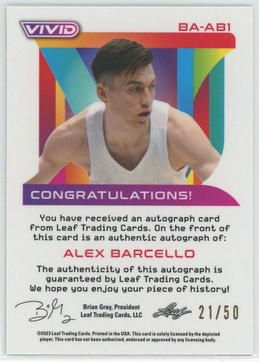 2023 Leaf Vivid Basketball Alex Barcello Yellow Prismatic XRC Auto #21/50 #BA-AB1