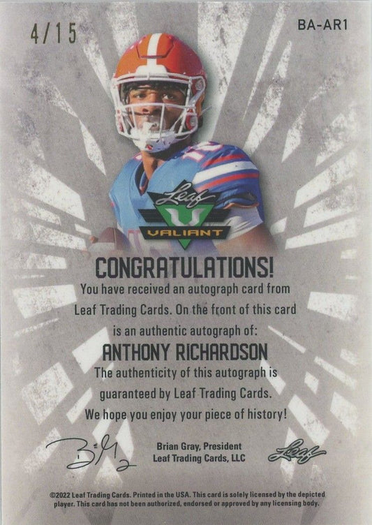 Anthony Richardson 2022 Leaf Valiant Purple Auto #4/15 #BA-AR1