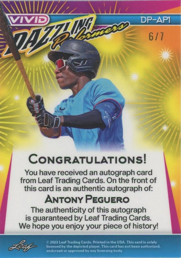 Anthony Peguero 2023 Leaf Vivid Dazzling Performers Crystal Auto #6/7 #DP-AP1
