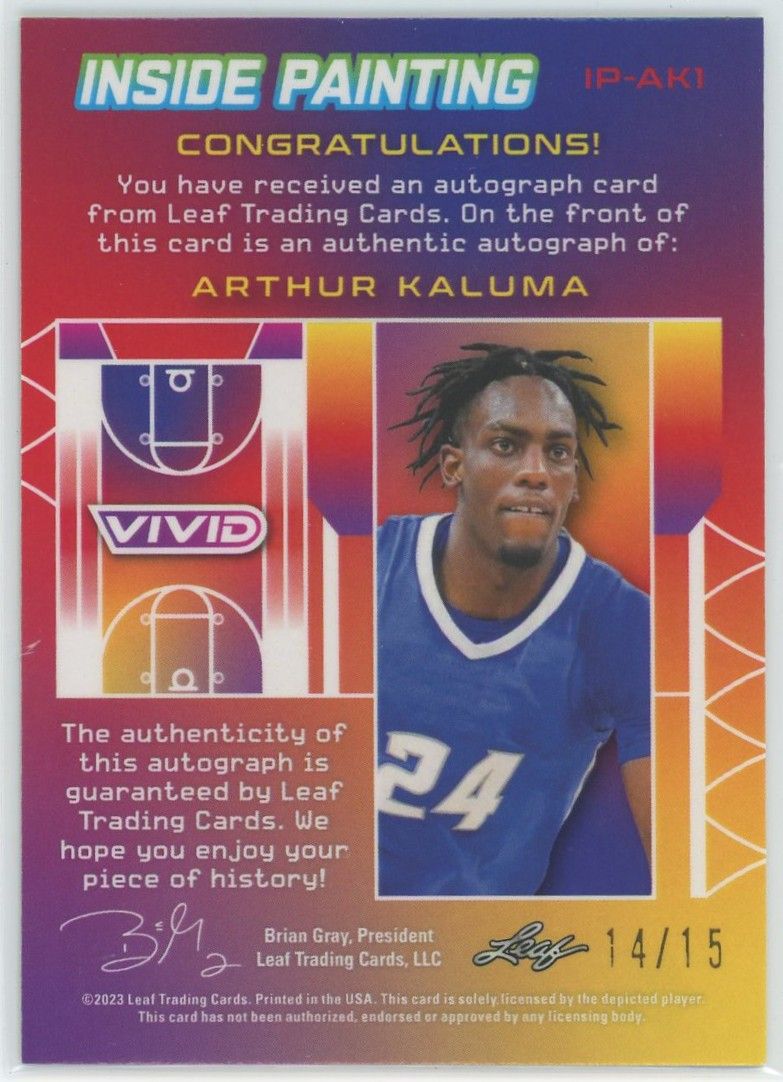 2022-23 Leaf Vivid Basketball Arthur Kaluma Inside Painting Green Auto #14/15 #IP-AK1