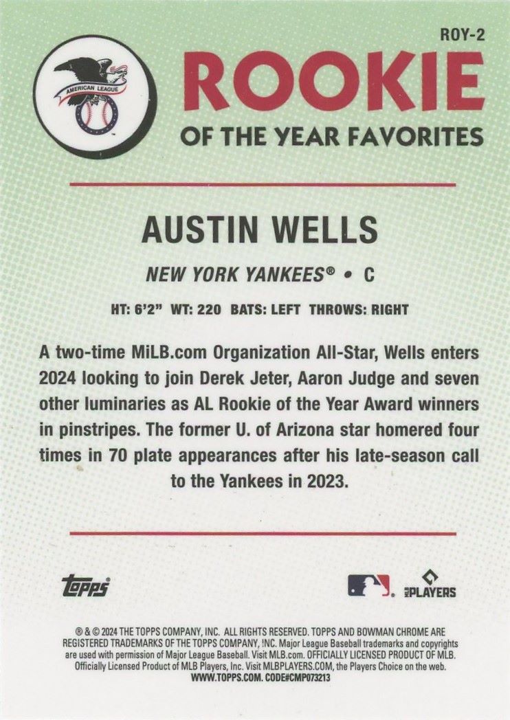 2024 Bowman  Austin Wells Rookie of the Year Favorites #ROY-2