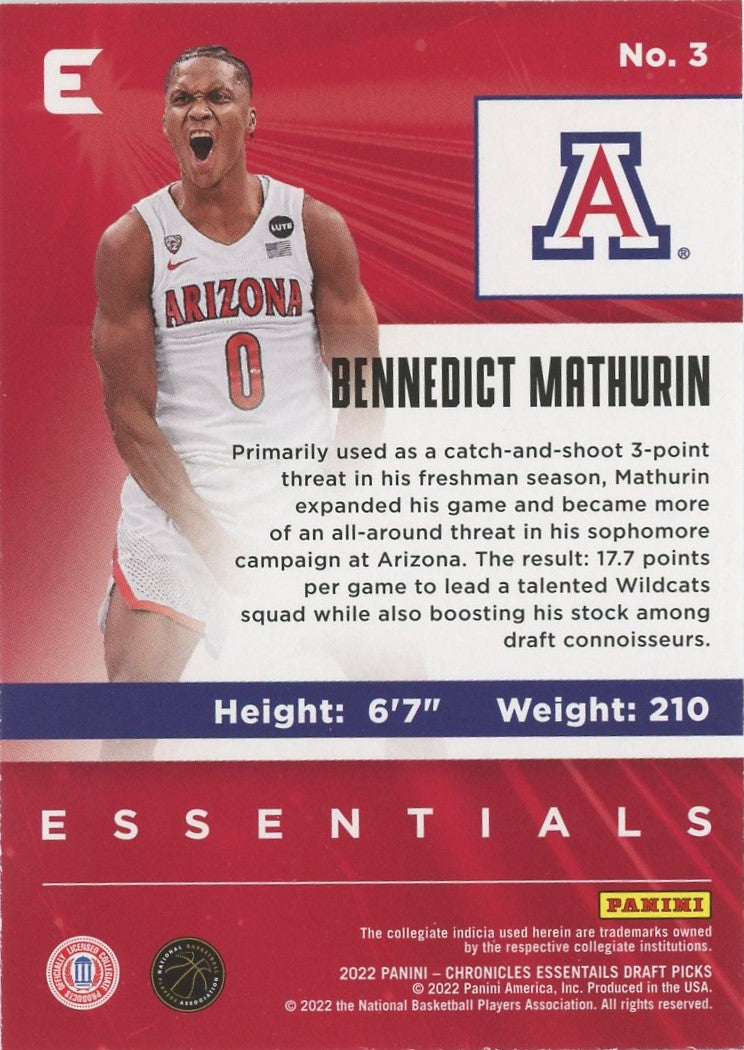 2022 Panini Chronicles Bennedict Mathurin Draft Picks Essentials #3 RC