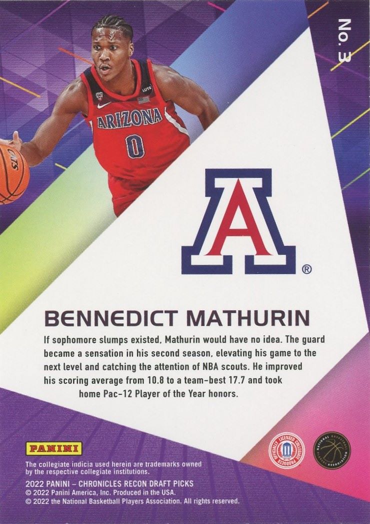 2022 Panini Chronicles Bennedict Mathurin Draft Picks Recon Pink Rookie #3