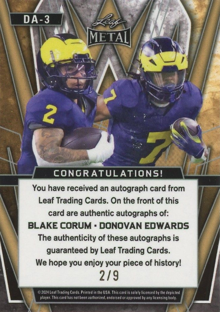 Blake Corum/Donovan Edwards 2024 Leaf Metal Dual Auto #2/9 #DA-3 Michigan Wolverines