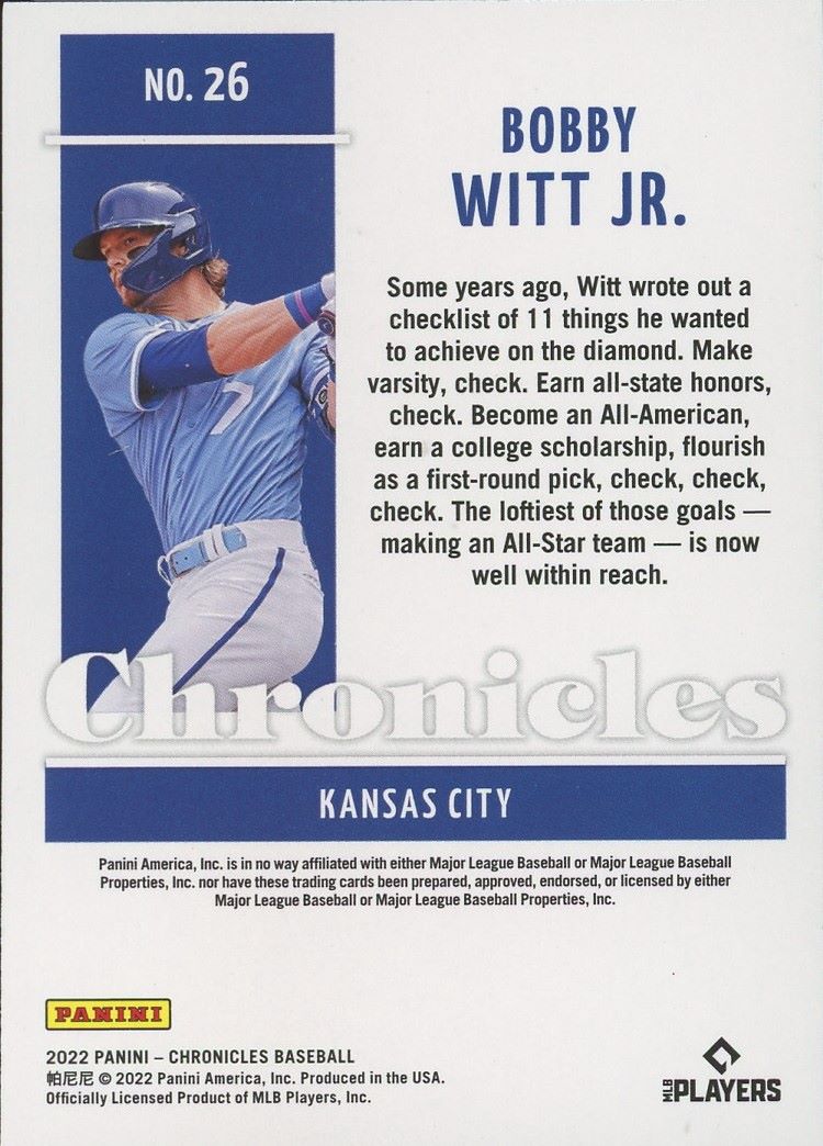 2022 Panini Chronicles Bobby Witt Jr Rookie #26