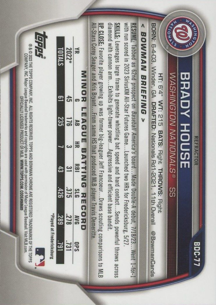 2023 Bowman Draft Chrome Brady House 1st Bowman Refractor #BDC-77