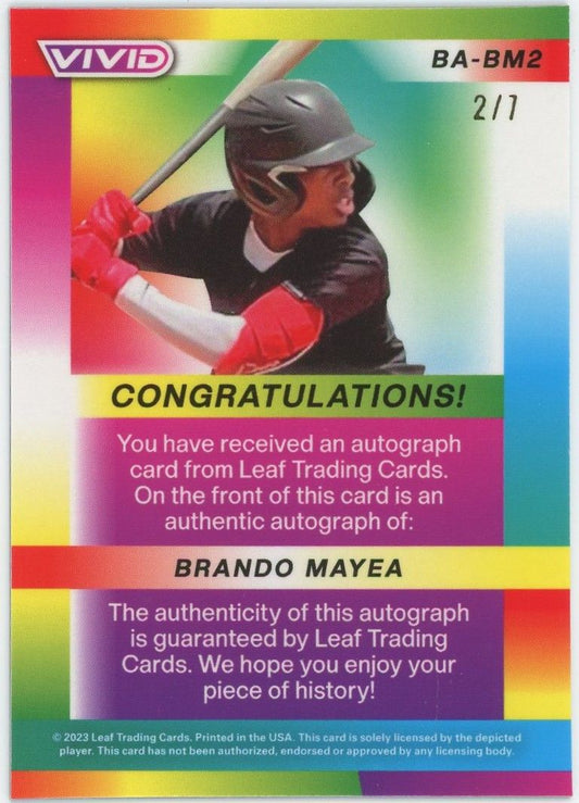 2023 Leaf Vivid Baseball Brando Mayea Purple XRC Auto #2/7 #BA-BM2