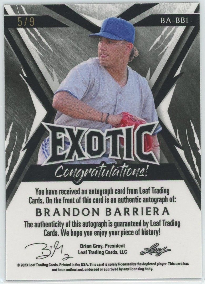 2023 Leaf Exotic Baseball Brandon Barriera Zebra Auto #5/9 #BA-BB1