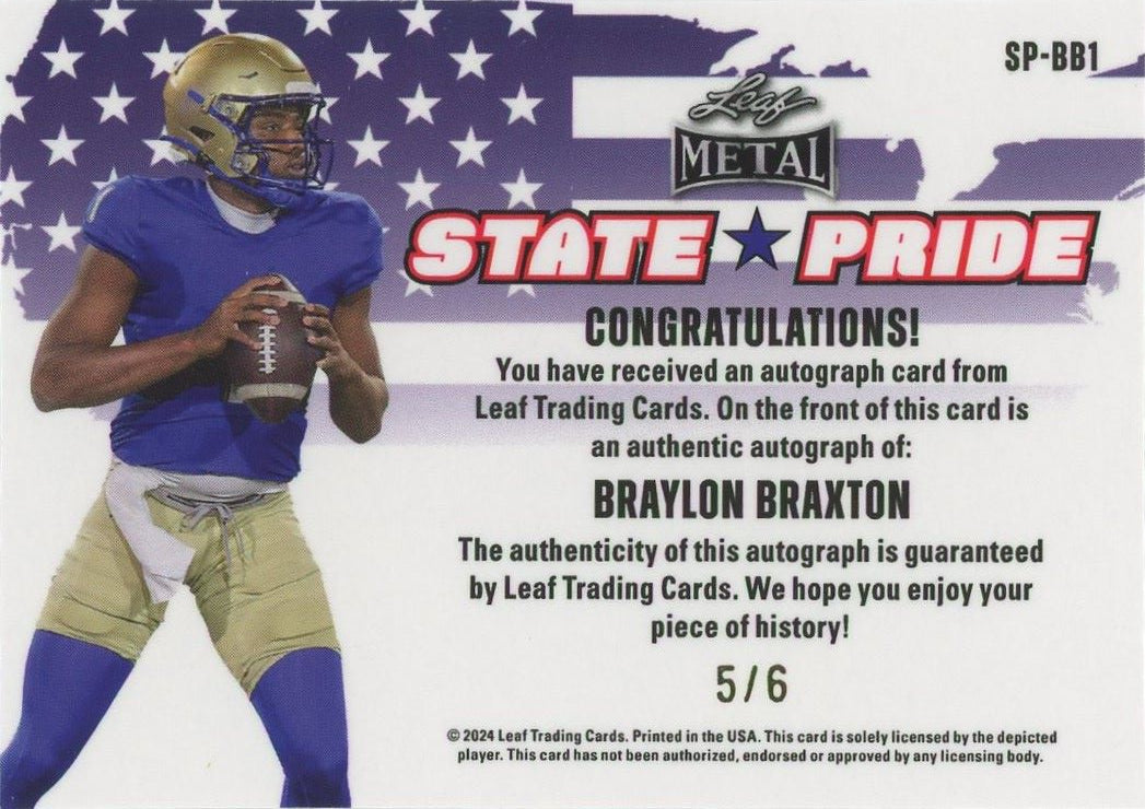 Braylon Braxton 2024 Leaf Metal Football State Pride Auto #5/9#SP-BB1 Oklahoma