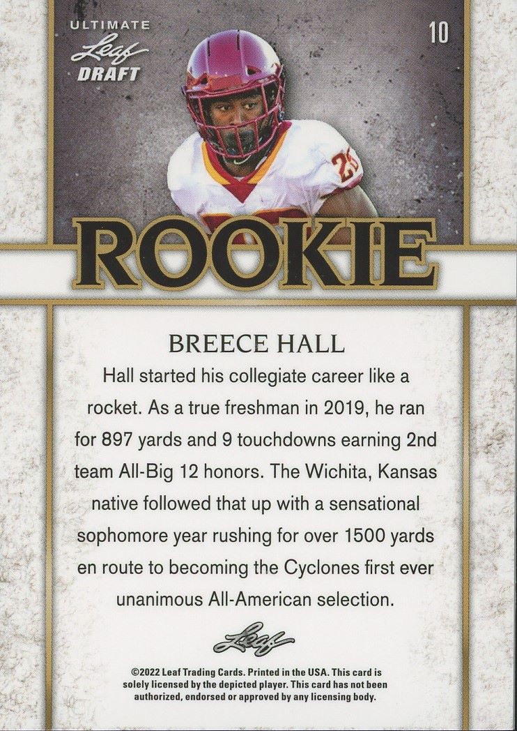 2022 Leaf Ultimate Draft Breece Hall Rookie Platinum Spectrum #/50 #10