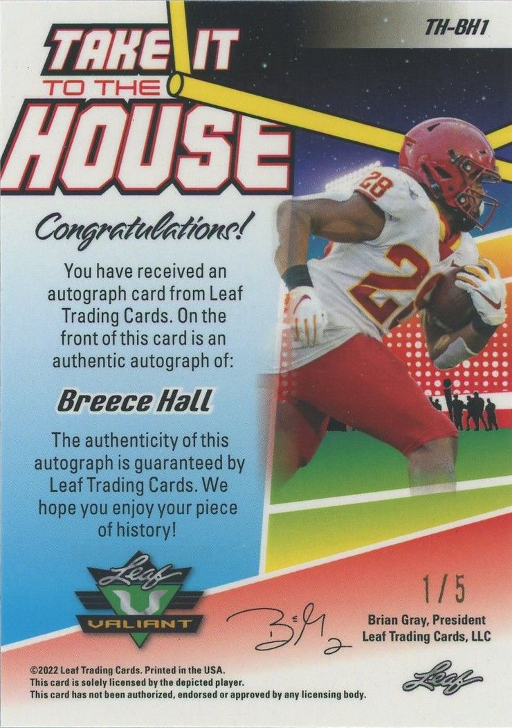 Breece Hall 2022 Leaf Valiant Red/White/Blue Auto Take It To The House #1/5 #TH-BH1