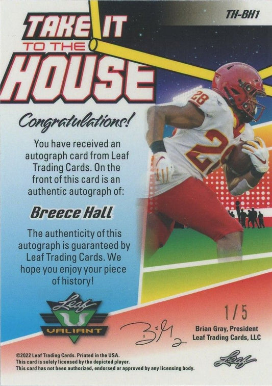 Breece Hall 2022 Leaf Valiant Red/White/Blue Auto Take It To The House #1/5 #TH-BH1