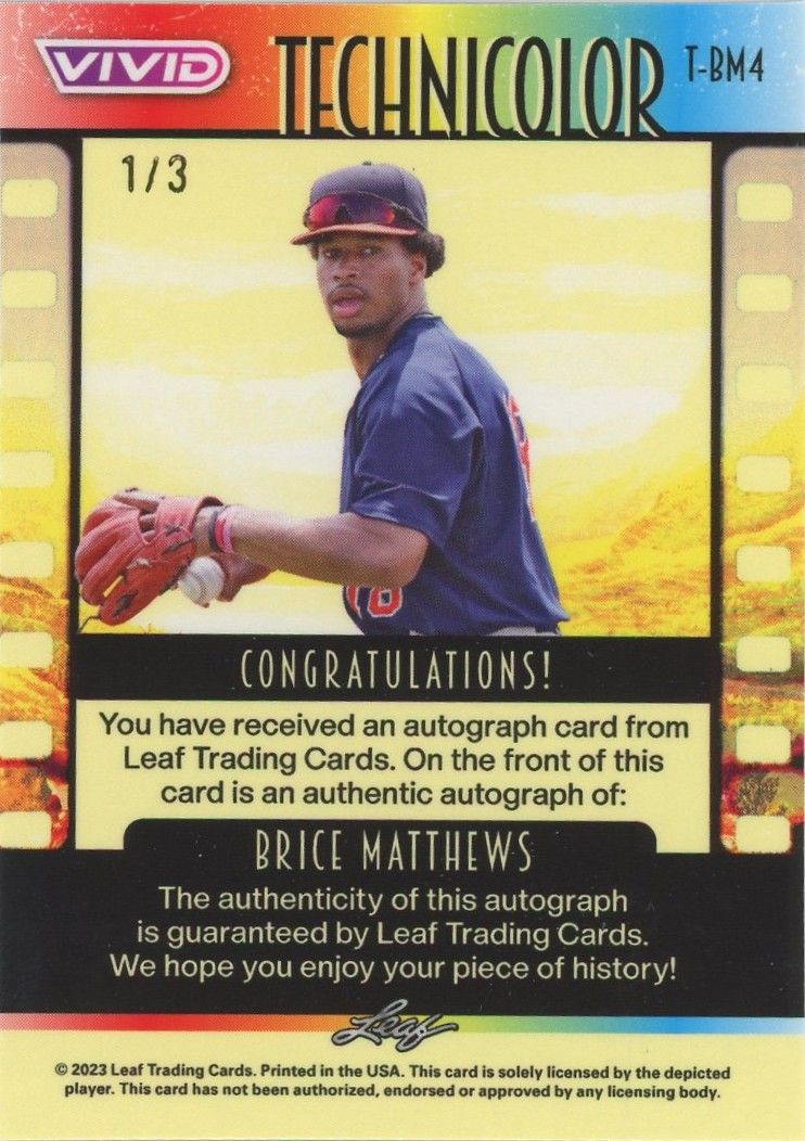 2023 Leaf Vivid Baseball Brice Matthews Technicolor Orange Auto #1/3 #T-BM4