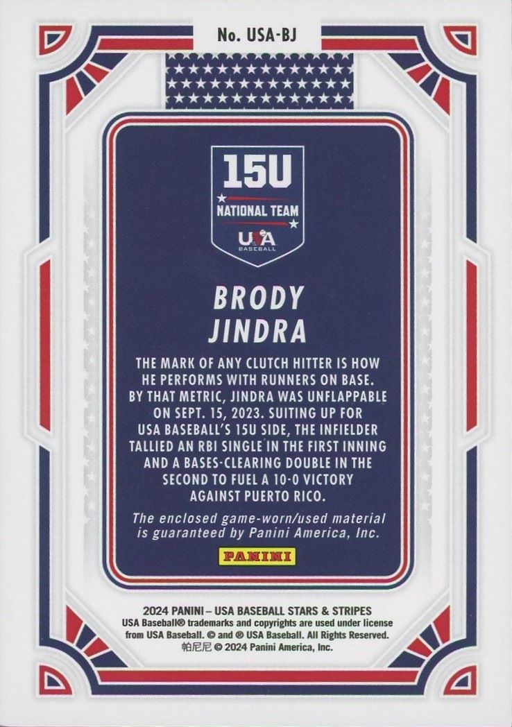 2024 Panini USA Stars And Stripes Brody Jindra Relic Jersey #USA-BJ