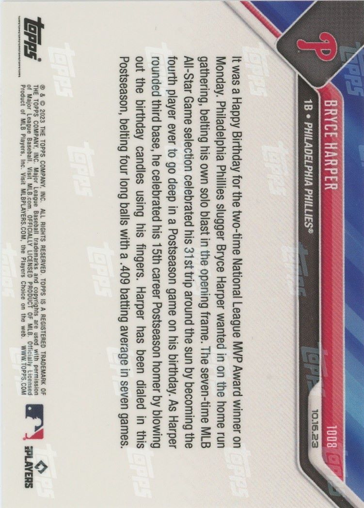 2023 Topps Now Bryce Harper NLCS Birthday Homer #1008