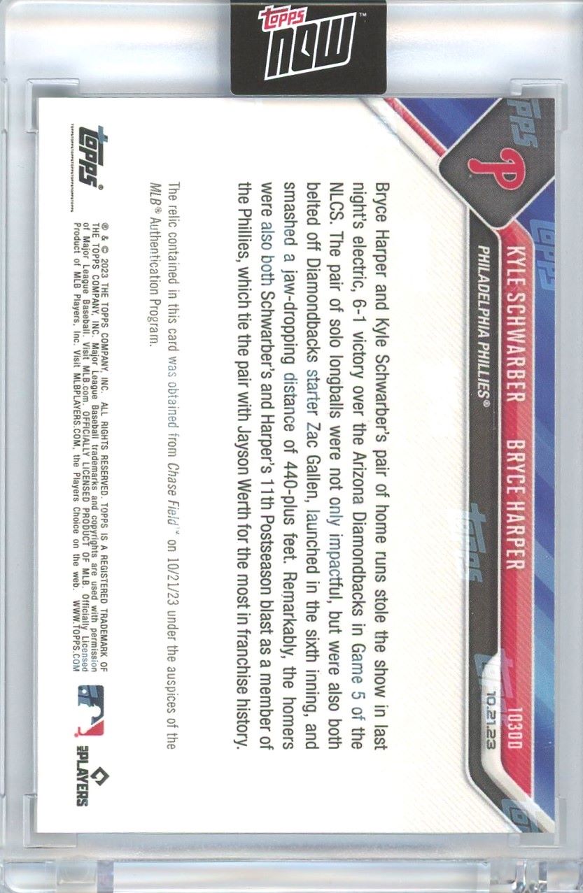 2023 Topps Now Kyle Schwarber/Bryce Harper NLCS Game-Used Base 19/25 Purple 1030