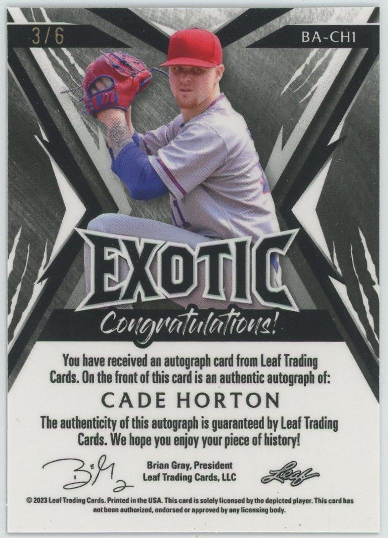 2023 Leaf Exotic Baseball Cade Horton Peacock Auto #3/6 #BA-CH1