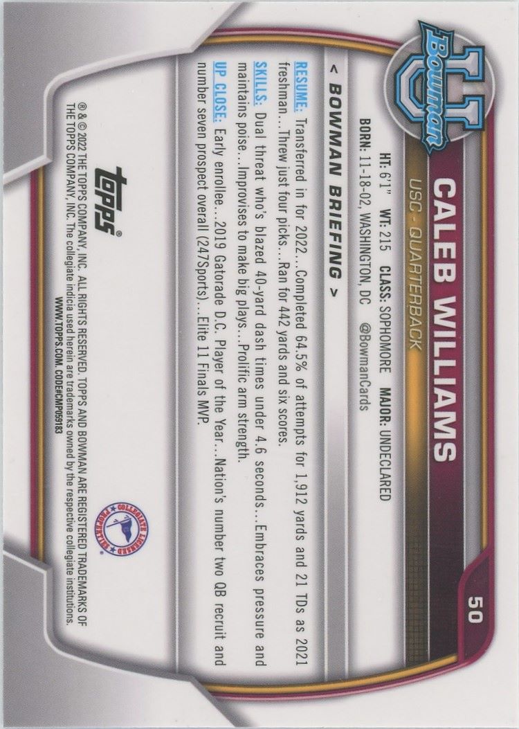 2022 Bowman Chrome U Caleb Williams 1st Bowman #50