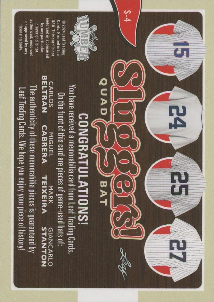 2024 Leaf Lumber Sluggers Beltran Miguel Cabrera Teixeira Stanton Bat #/35 #S-4