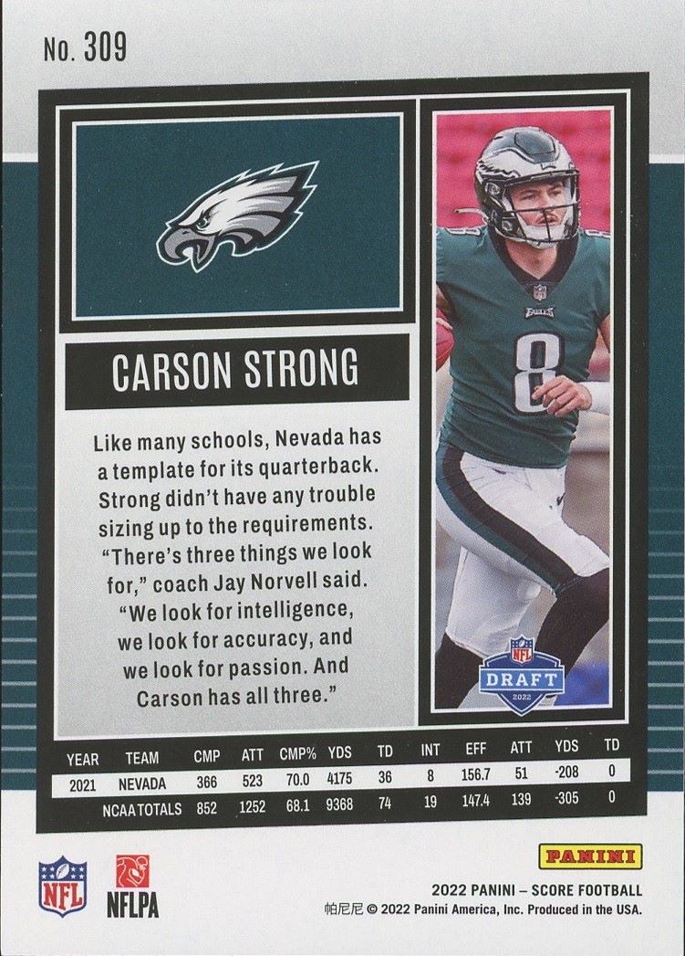 2022 Score Carson Strong Rookie #309