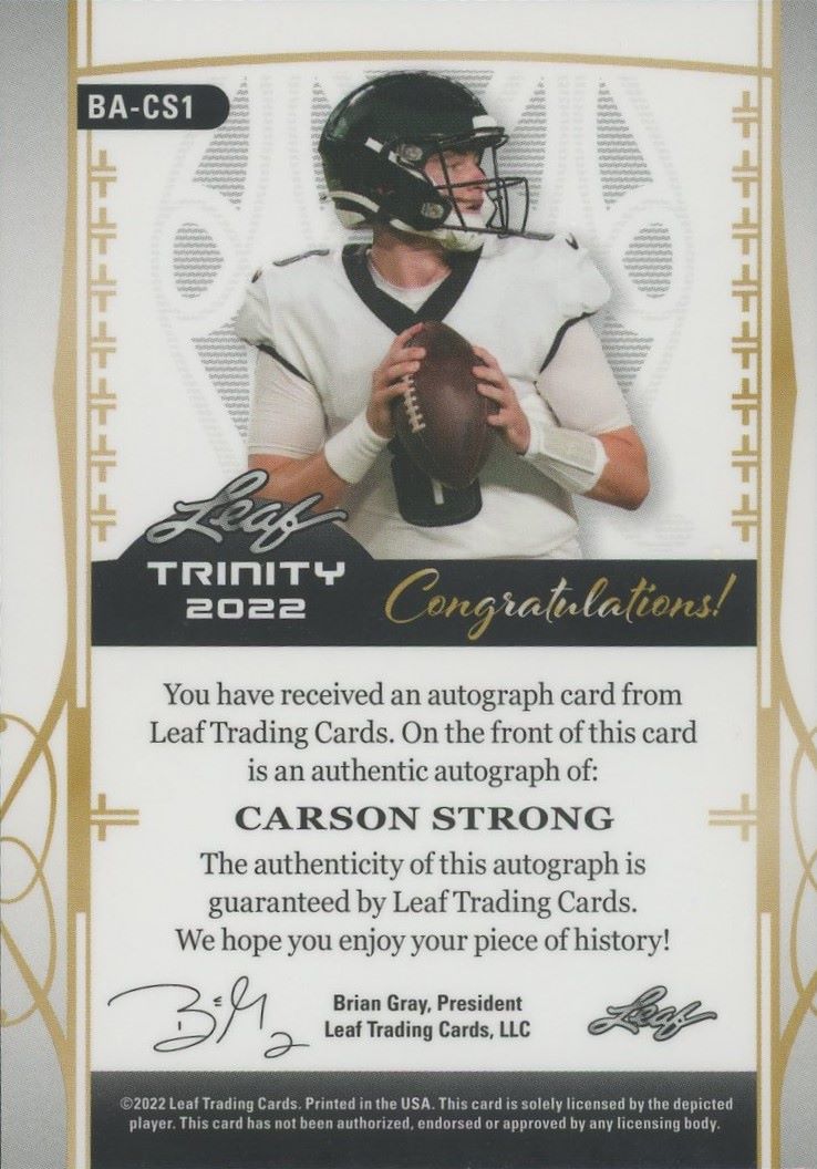 2022 Leaf Trinity Gold Carson Strong Rookie Auto #/75 #BA-CS1