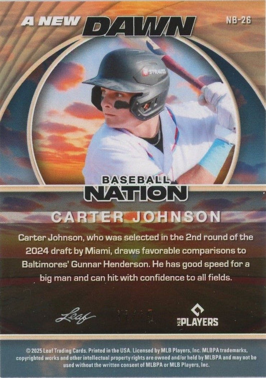 Carter Johnson 2025 Leaf Baseball Nation A New Dawn Silver Shimmer #11/15 #NB-26