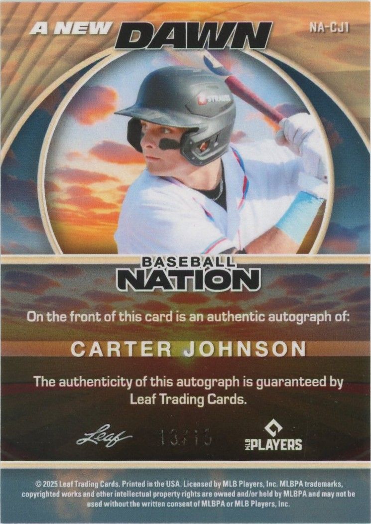 Carter Johnson 2025 Leaf Baseball Nation New Dawn Silver Lava Auto #13/15 #NA-CJ1
