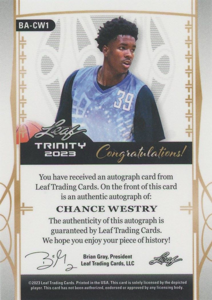 2022-23 Leaf Trinity Chance Westry Auto #4/15 #BA-CW1