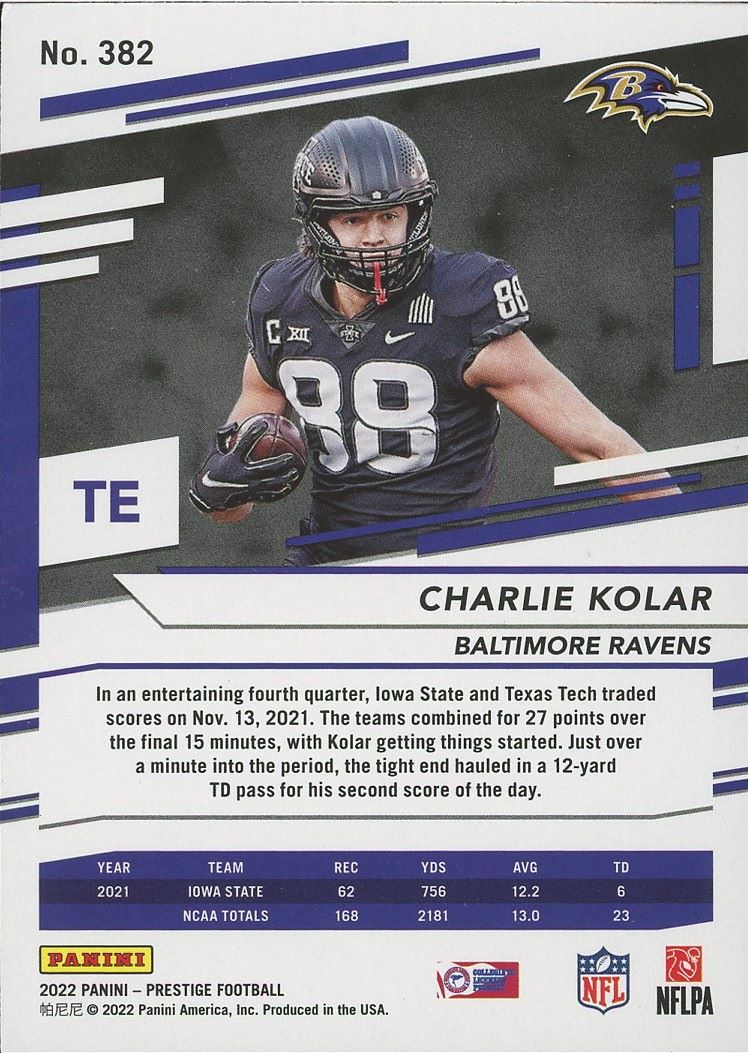 2022 Panini Prestige Charlie Kolar Rookie #382