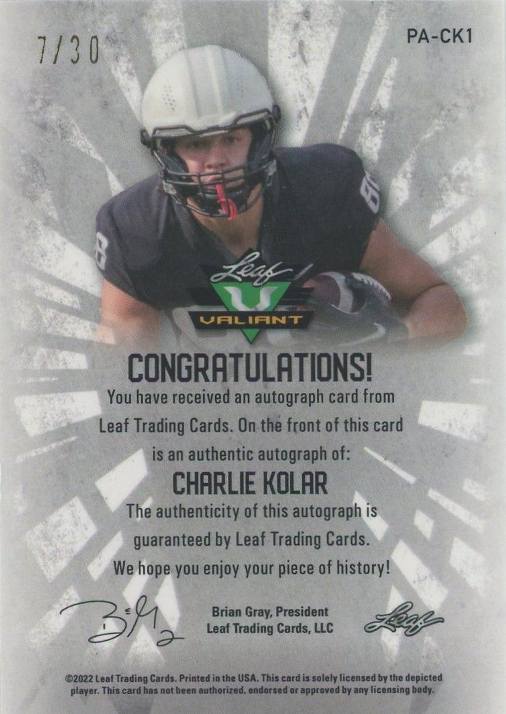 Charlie Kolar 2022 Leaf Valiant Green Crystal Auto #7/30 #BA-CK1 Iowa State
