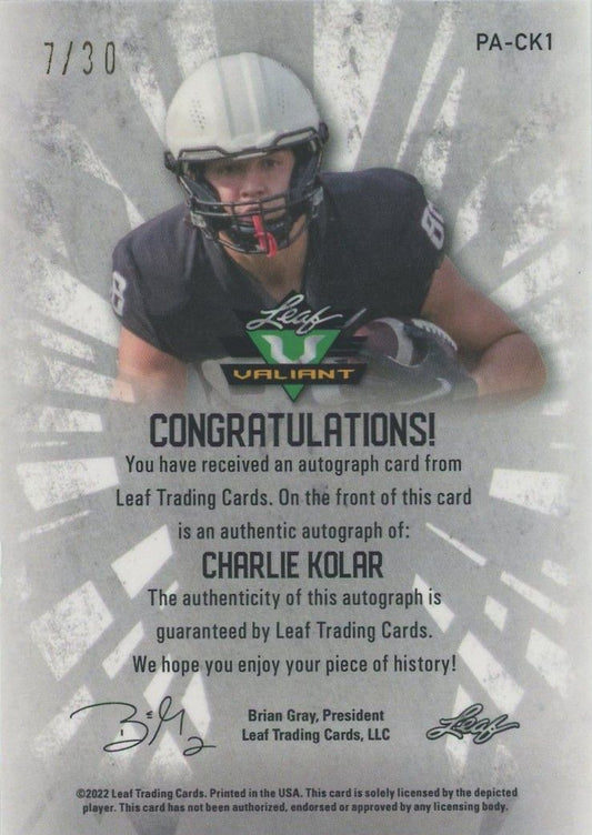 Charlie Kolar 2022 Leaf Valiant Green Crystal Auto #7/30 #BA-CK1 Iowa State