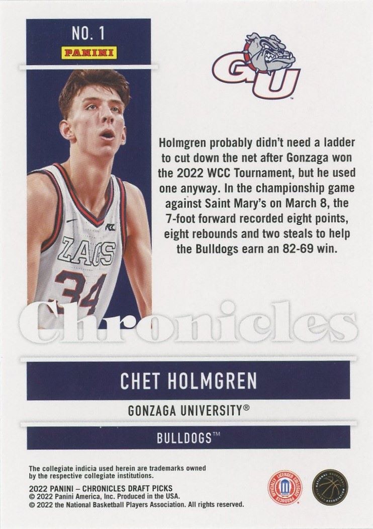 2022 Panini Chronicles Chet Holmgren Draft Picks Rookie #1