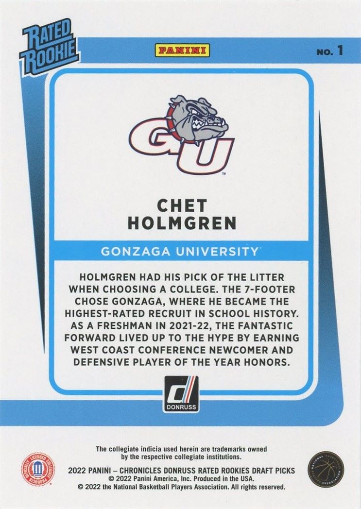 2022 Panini Chronicles Chet Holmgren Draft Picks Donruss Rated Rookie #1