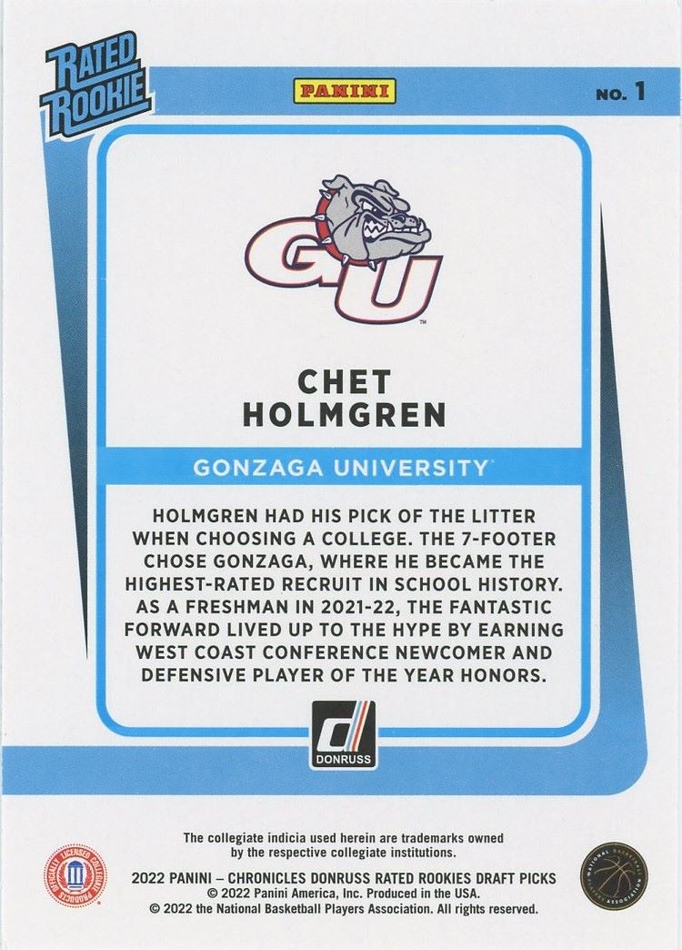 2022-23 Panini Chronicles Chet Holmgren Draft Picks Donruss Rated Rookie Pink #1