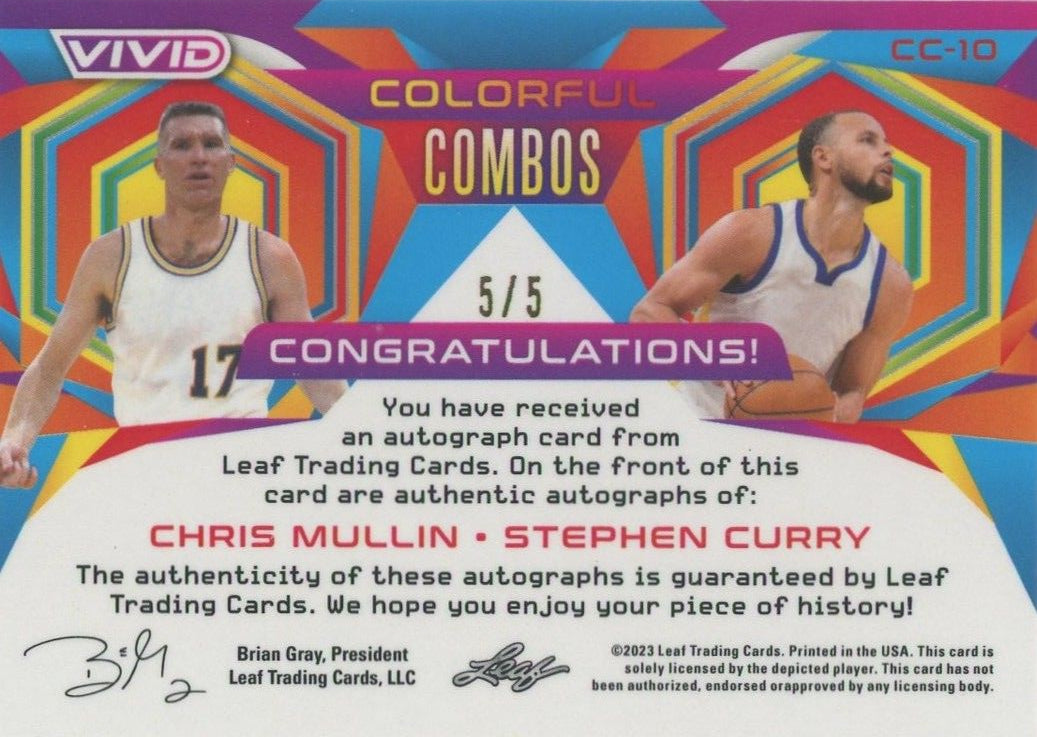 2023 Leaf Vivid Colorful Combos Stephen Curry Chris Mullin Dual Auto Purple #5/5