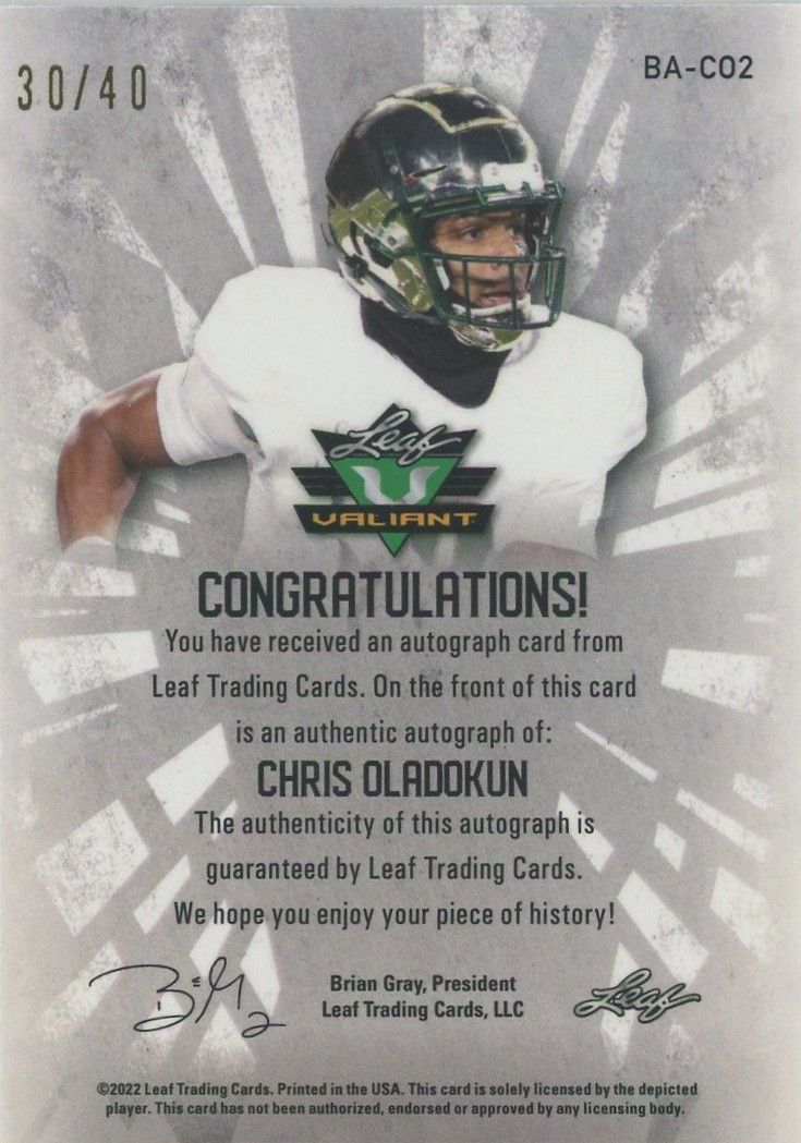 Chris Oladokun 2022 Leaf Valiant Green #30/40 #BA-CO2